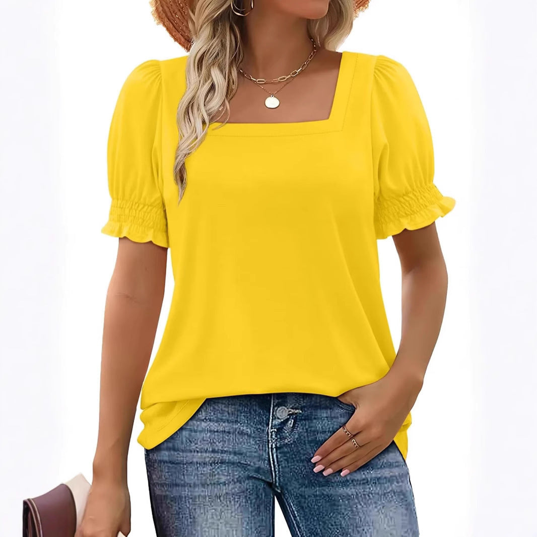 Spring And Summer New Fashion Simple U-neck Petal Sleeve Loose T-shirt - Sophinity