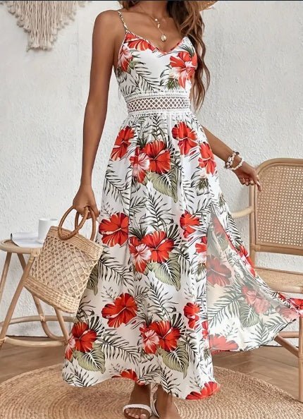 Womens Spring Summer Chic Maxi Dress - Adjustable Spaghetti Straps, Floral Print, Elegant High Slit - Versatile Day - to - Night Wear - Sophinity