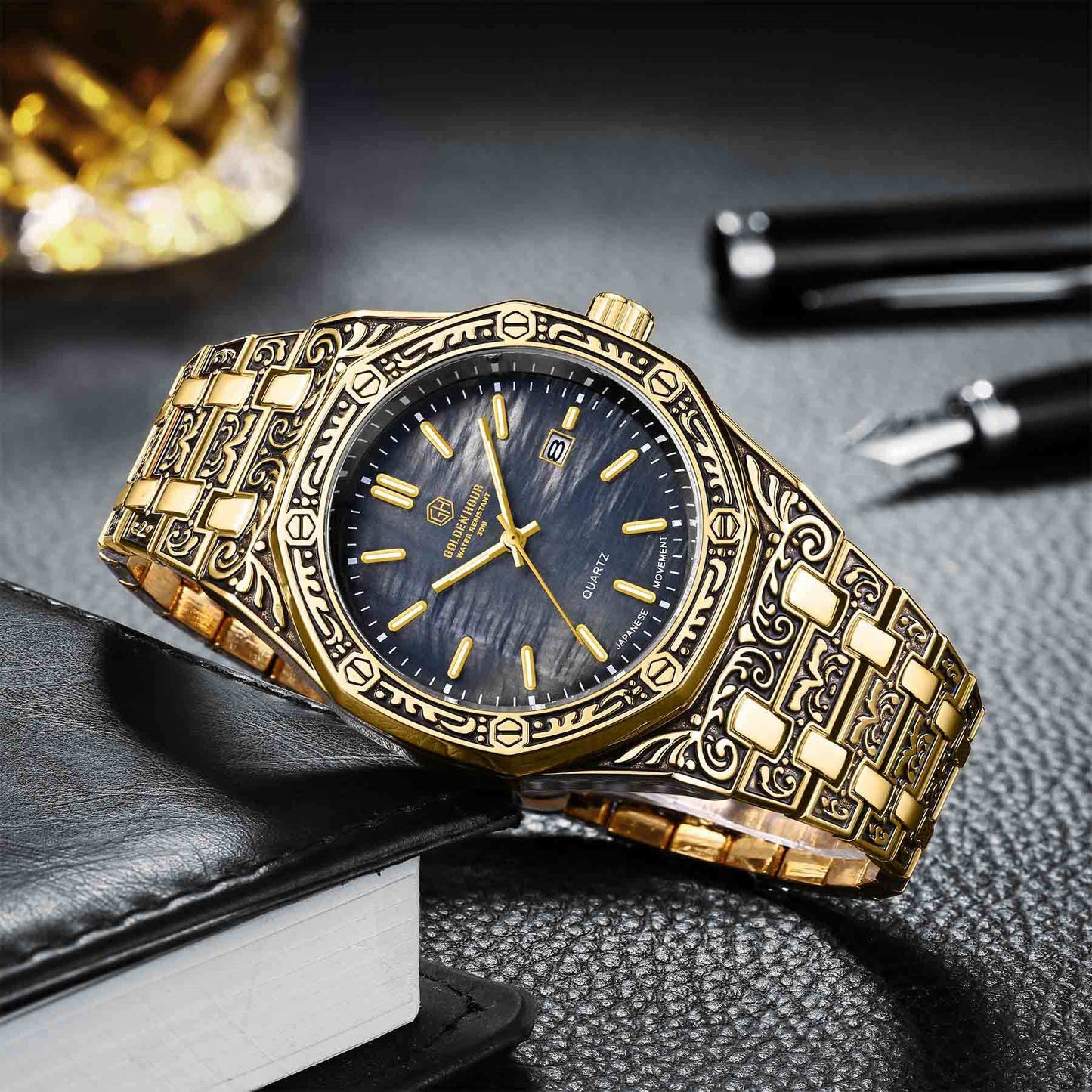 Spiral Crown Round Mechanical Men's Black Casual Watch - Sophinity
