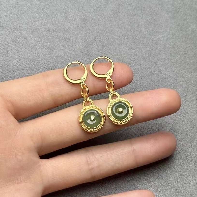 Natural Jade Peace Buckle Earrings For Women S925 Silver Long - Sophinity