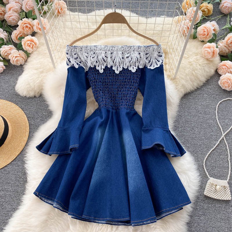 Small One Shoulder Stitching Denim Dress - Sophinity