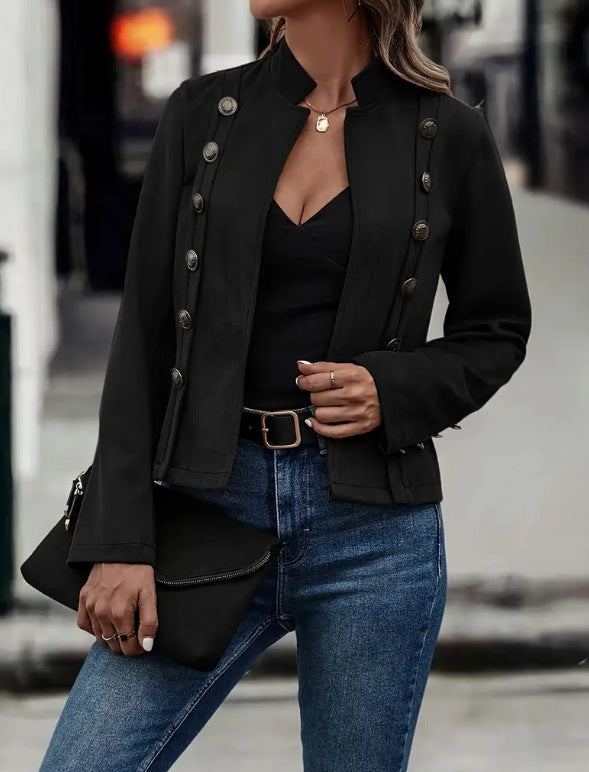 Double-row Metal Buckle Deerskin Velvet Retro Long-sleeved Coat - Sophinity