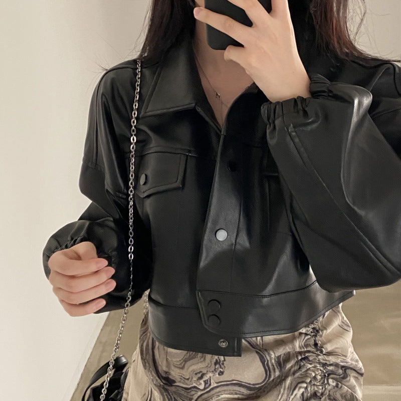 Chic Lapel Double Pocket Leather Top Leather Coat - Sophinity