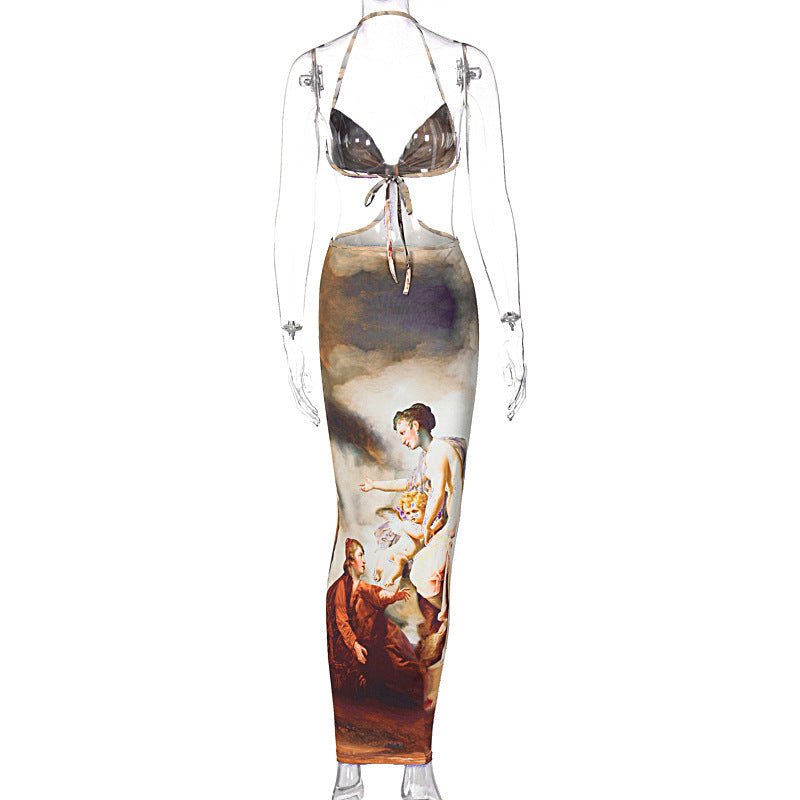 Halterneck Camisole Waist Cutout Print Maxi Dress - Sophinity
