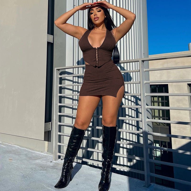 European And American Women's Clothing New Fashion V - neck Double - breasted Vest Slim Fit Slit Skirt Suit - Sophinity