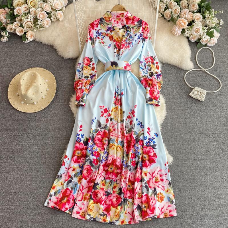 Light Luxury Lapel Puff Sleeve Single-breasted Printing A Words Dress - Sophinity