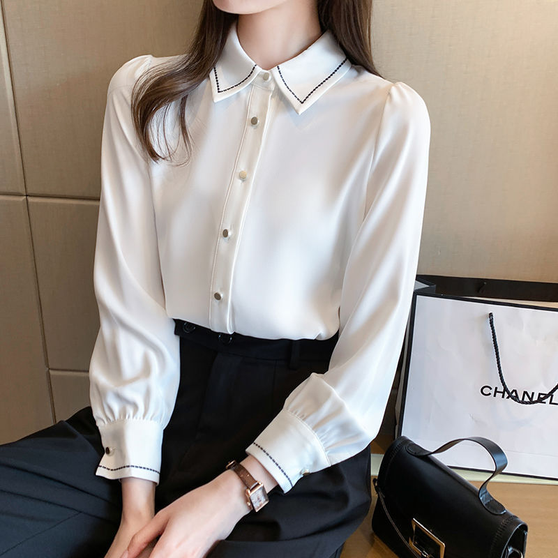 Spring And Autumn White Chiffon Long Sleeve Design Sense Niche Inner Bottoming Top Formal Shirt For Women - Sophinity