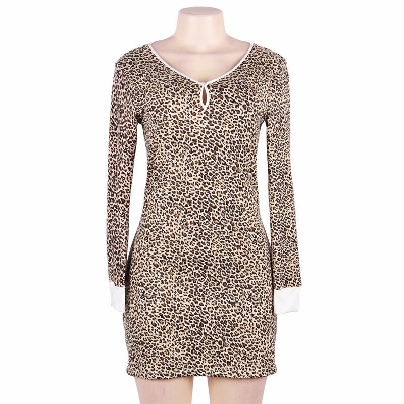 Women's Fashion Simple Leopard Print Long - sleeved Pajamas Home Nightdress - Sophinity