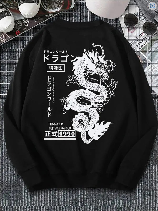 Men's Autumn And Winter Loose Tokyo Dragon Print Crewneck - Sophinity