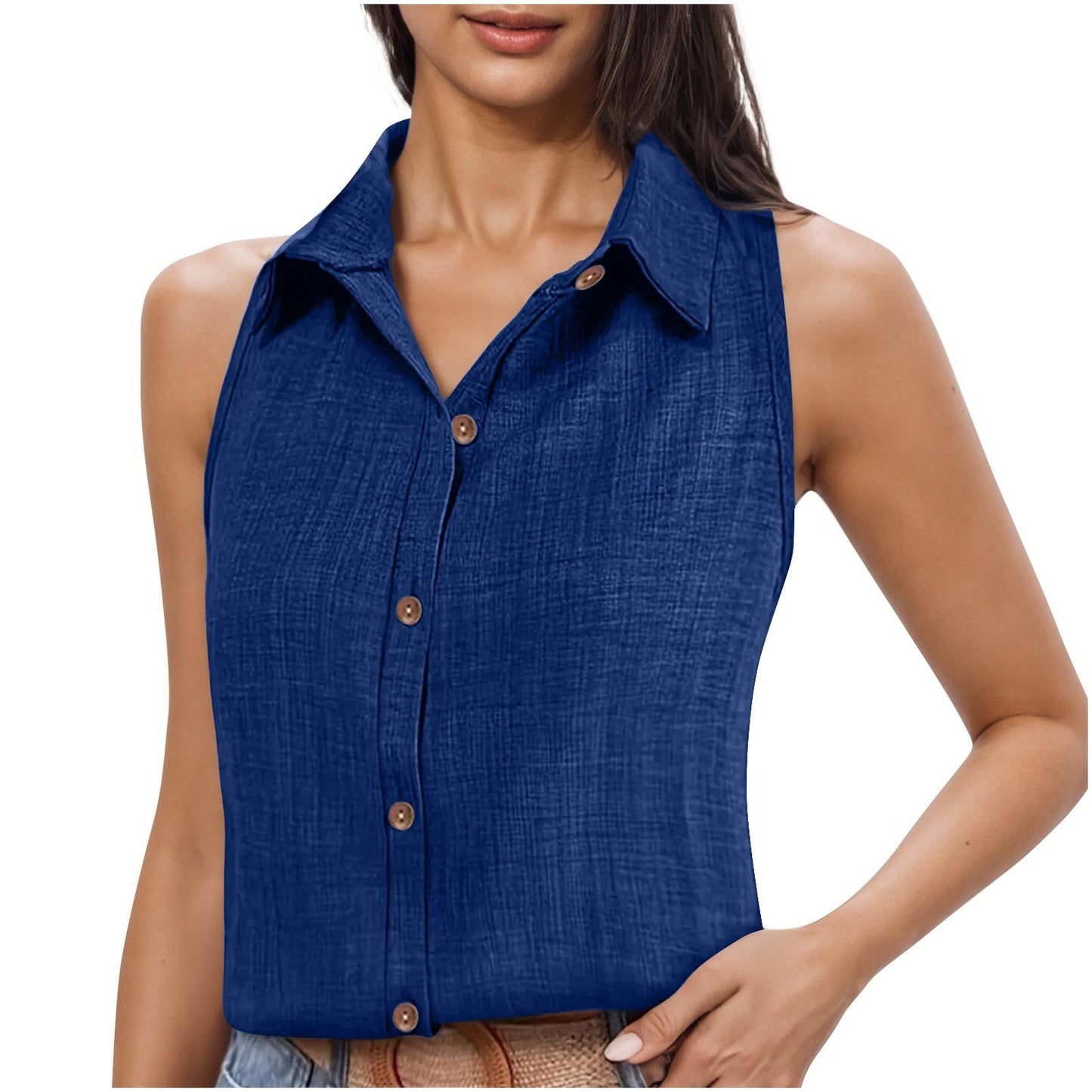 Lapel Cotton Linen Button Sleeveless Shirt Women's Clothing - Sophinity