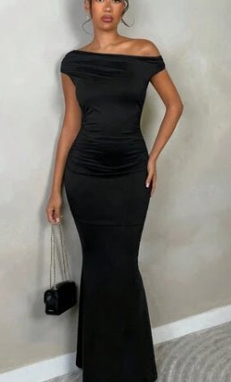 Summer New Elegant Party Daily Date Oblique Shoulder One - Shoulder Off - Shoulder Front Pleated Slim Long Skirt Wavy Texture White Women's Dress - Sophinity