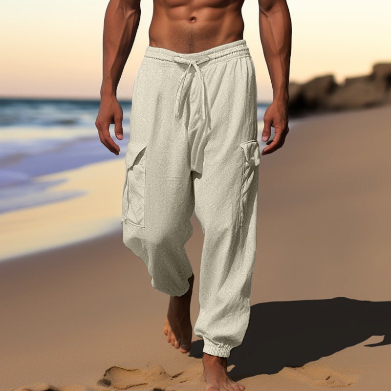 Sports Linen Leisure Trousers Thin Ankle - tied Design Multi - pocket Tether Solid Color Men Loose Cargo Pants - Sophinity