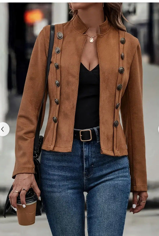 Double-row Metal Buckle Deerskin Velvet Retro Long-sleeved Coat - Sophinity