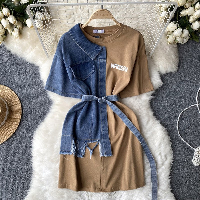 Round Neck Denim Patchwork Dress - Sophinity