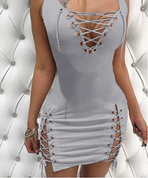 European And American Women's Clothing Solid Color Deep V-neck Slim-fit Lace Up Dress