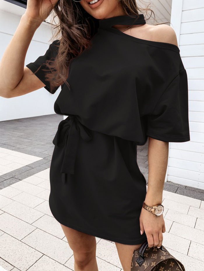 Simple solid color hanging neck short sleeve strap dress - Sophinity