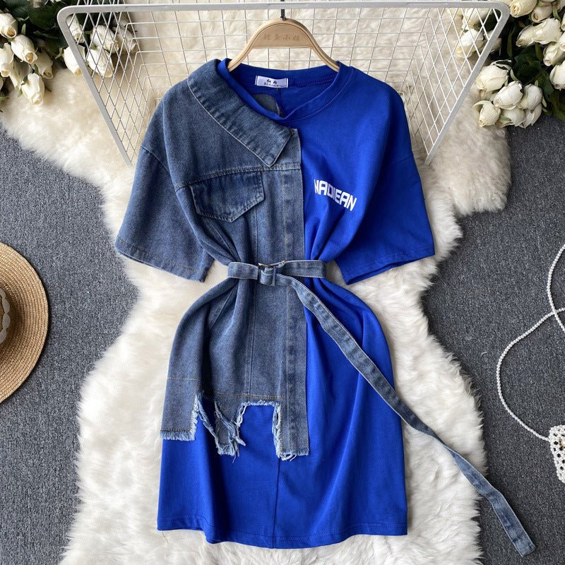 Round Neck Denim Patchwork Dress - Sophinity