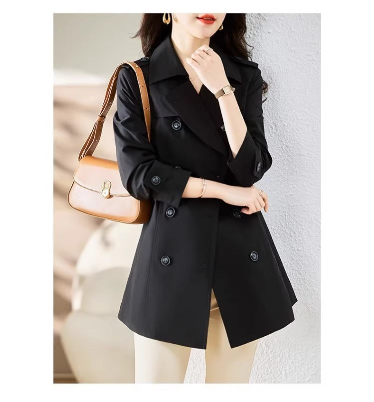 Women's Mid-length Trench Coat Double Breasted Fitted Waist Overcoat - Sophinity