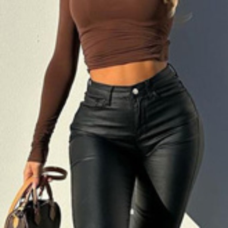 Light Mature Woman People Black Fashionable Sense Versatile Leather Pants Autumn And Winter New - Sophinity