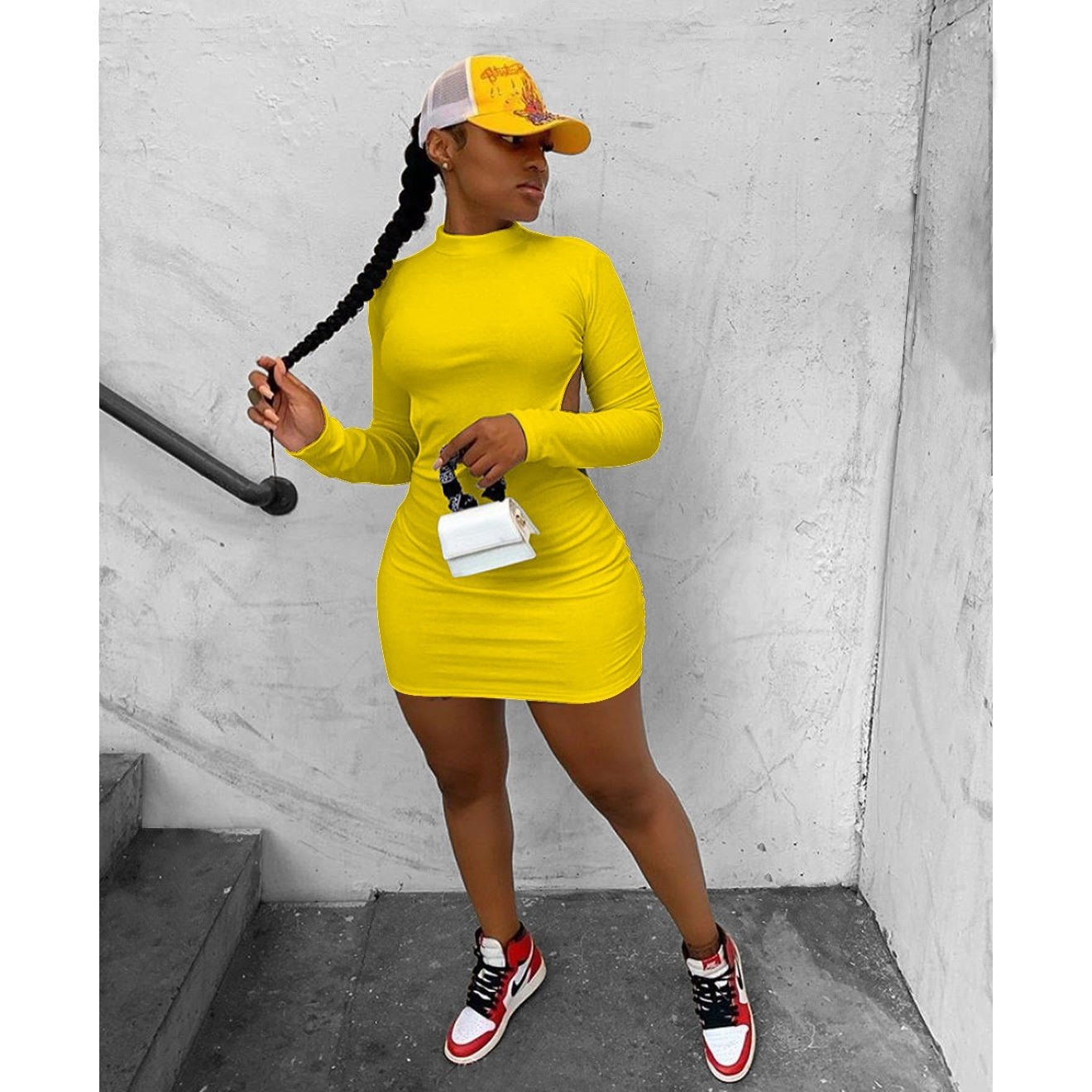 Solid Color High - elastic Long Sleeve Backless Dress - Sophinity