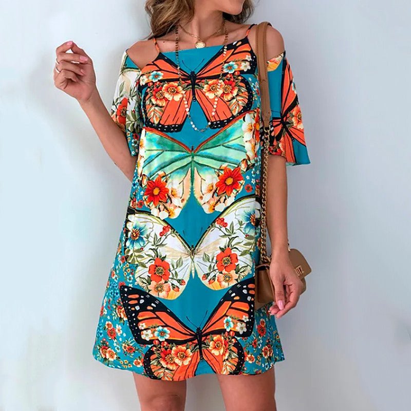 Butterfly print dress with short sleeves - Sophinity