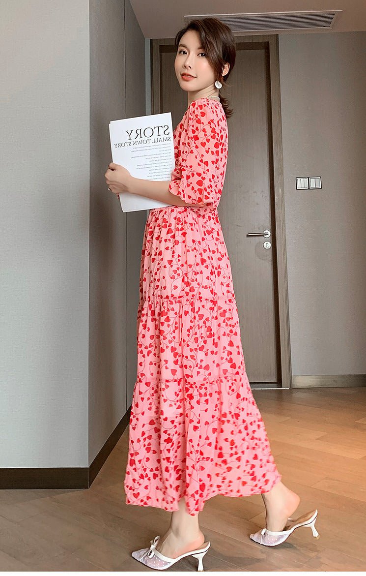 Half - flared Sleeve Vintage V - neck Style Floral Chiffon Dress - Sophinity