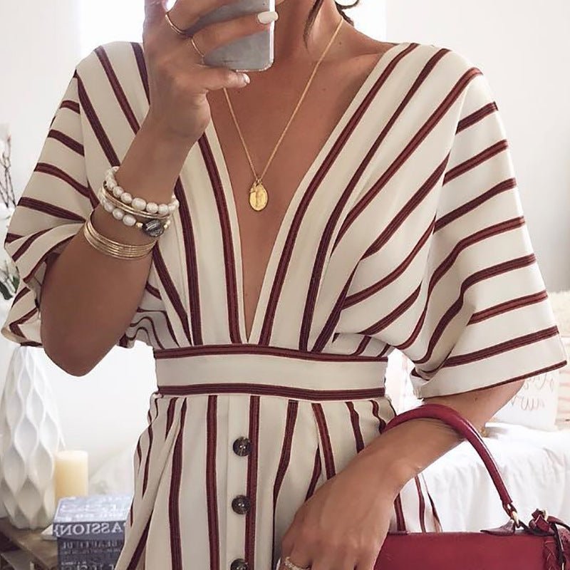 Summer and autumn topless women's striped deep V dress - Sophinity