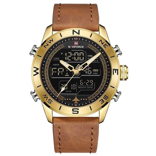 NAVIFORCE 9144 Fashion Gold Men Sport Watches Mens LED Analog Digital Watch Army Military Leather Quartz Watch Relogio Masculino - Sophinity