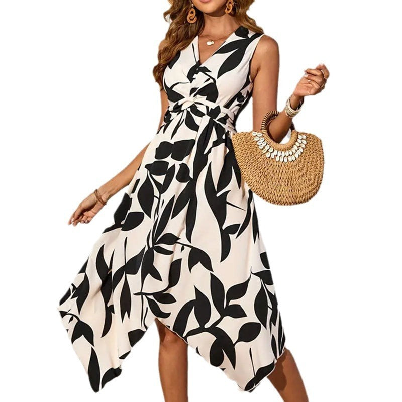 Leaf Print Twist Irregular Dress - Sophinity