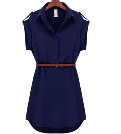 Casual Summer Style Dress Women Casual V - neck Short - Sleeved Shirt Loose Chiffon Mini Dress with Belt - Sophinity