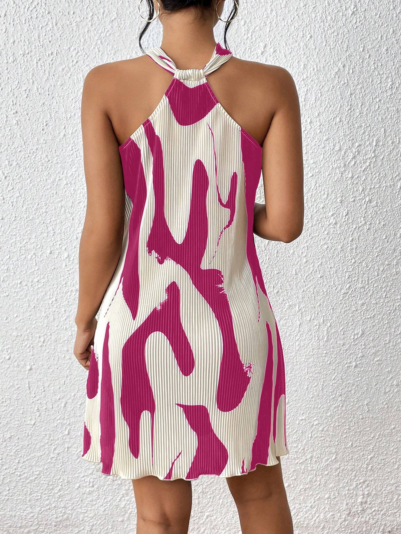 Women's Elegant Vacation Casual Backto School Pleated Halter Mini Dress - Sophinity