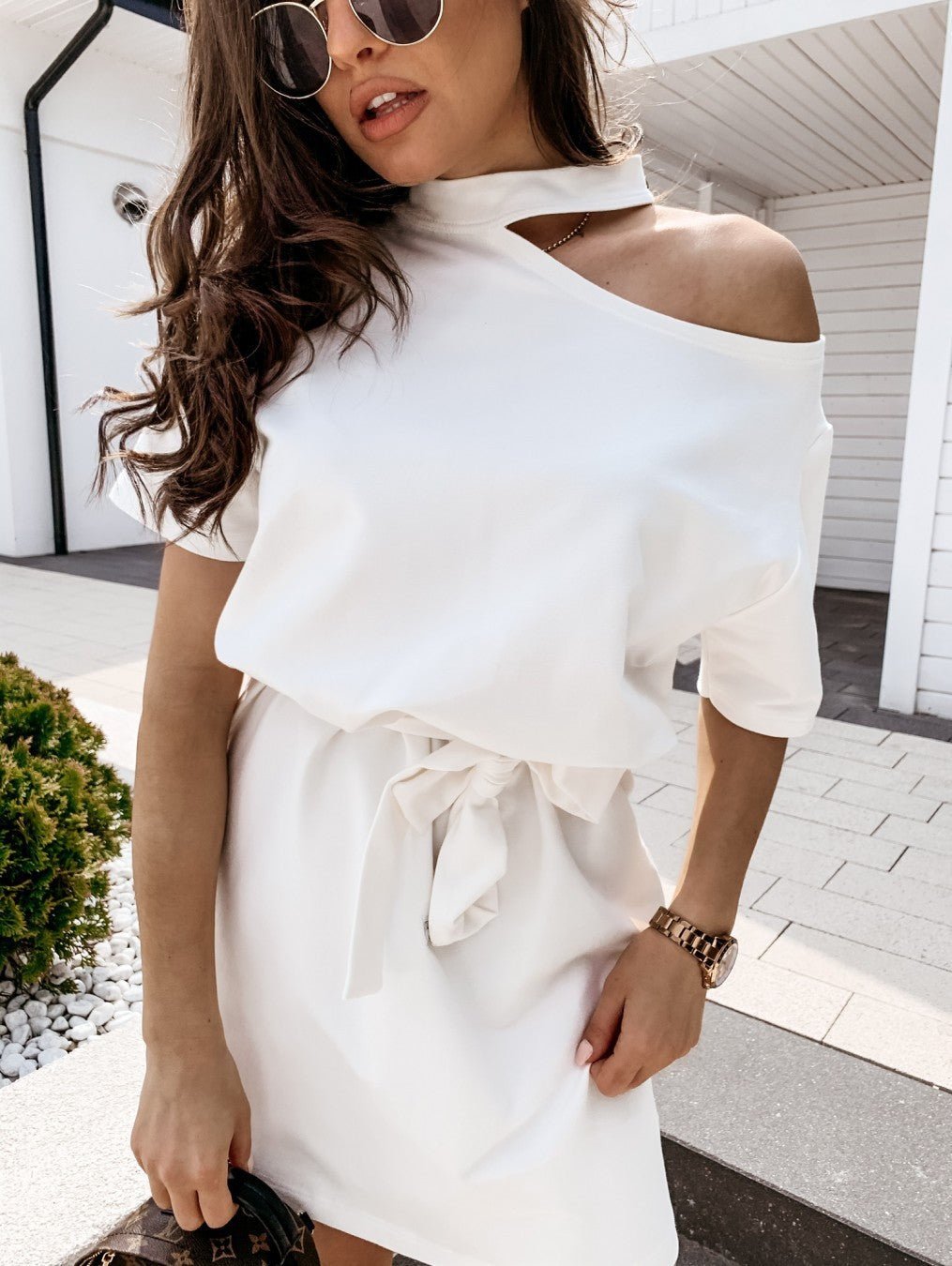 Simple solid color hanging neck short sleeve strap dress - Sophinity