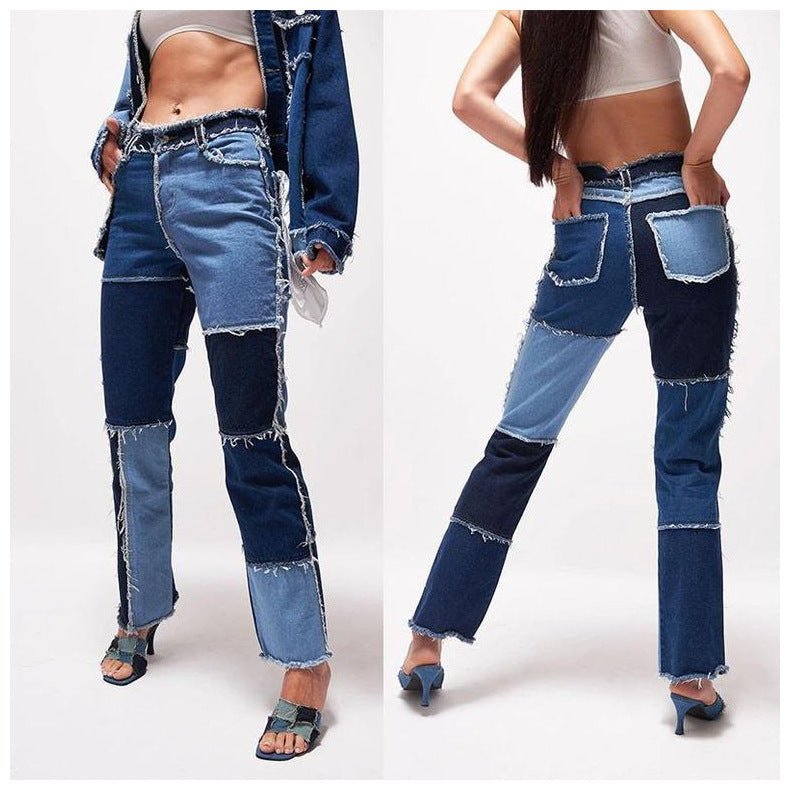 High Elastic Stitching Raw Edge Women's Straight - leg Jeans - Sophinity