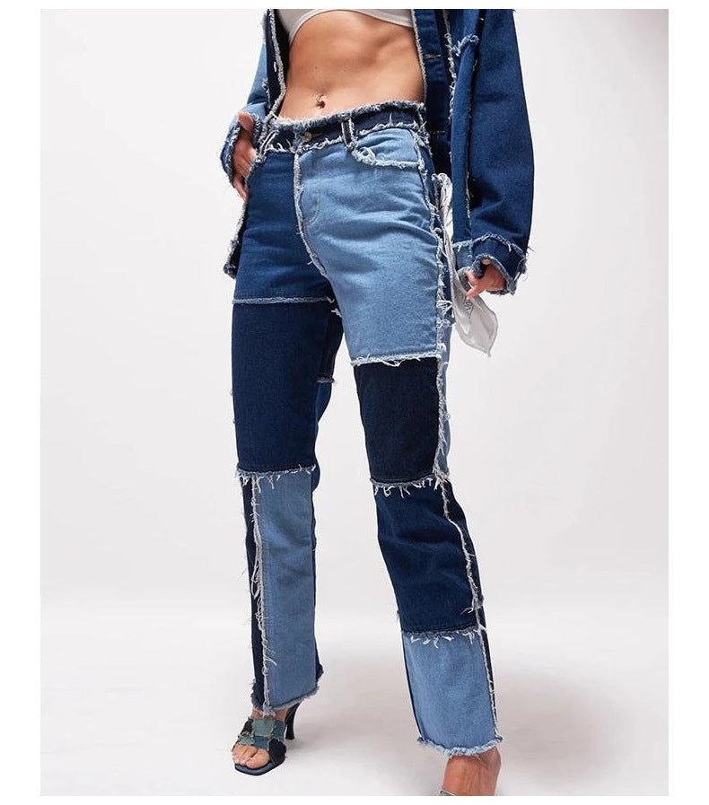 High Elastic Stitching Raw Edge Women's Straight - leg Jeans - Sophinity