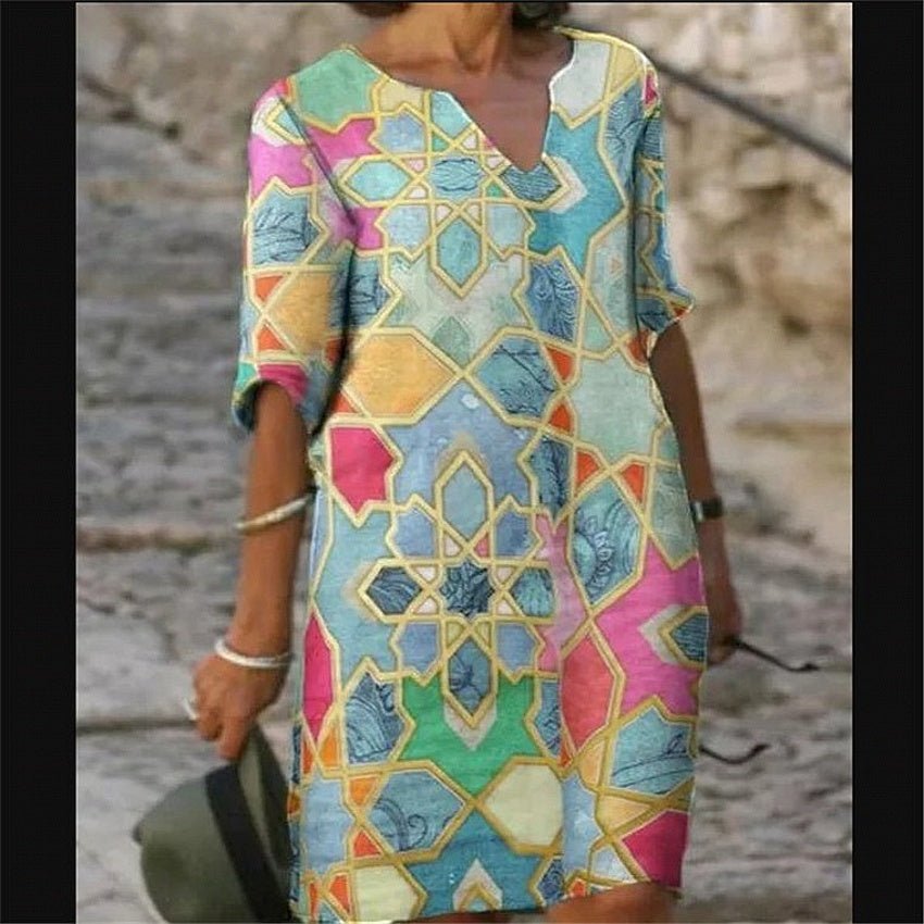 Vintage Digital Print Five - point Sleeve Dress - Sophinity
