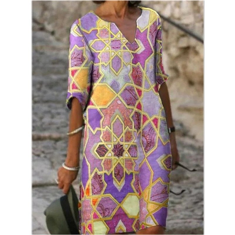 Vintage Digital Print Five - point Sleeve Dress - Sophinity