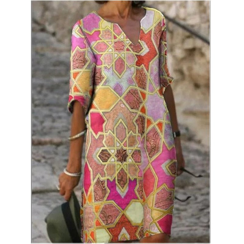 Vintage Digital Print Five - point Sleeve Dress - Sophinity