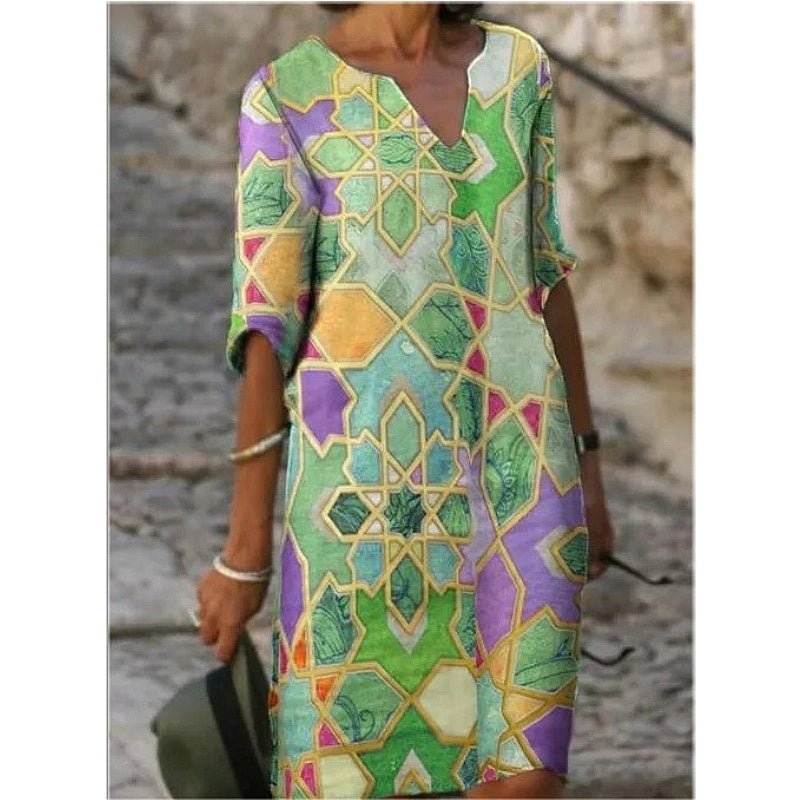 Vintage Digital Print Five - point Sleeve Dress - Sophinity