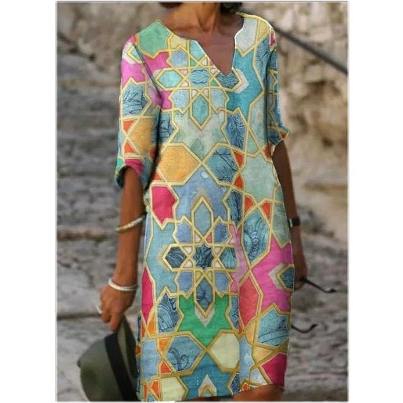 Vintage Digital Print Five - point Sleeve Dress - Sophinity
