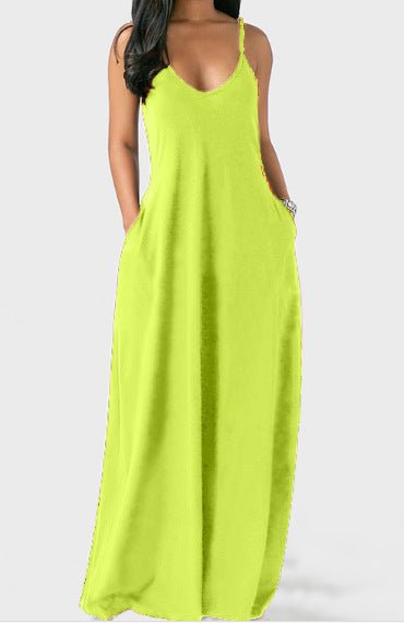 Women's Solid Color Sexy Deep V Suspender Long Dress - Sophinity