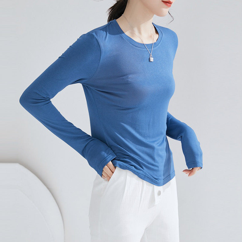 Basic Crew Neck Viscose Tops Women Slim Fitted Long Sleeve T Shirt Essential Shirts Solid Colors S to 2xl - Sophinity