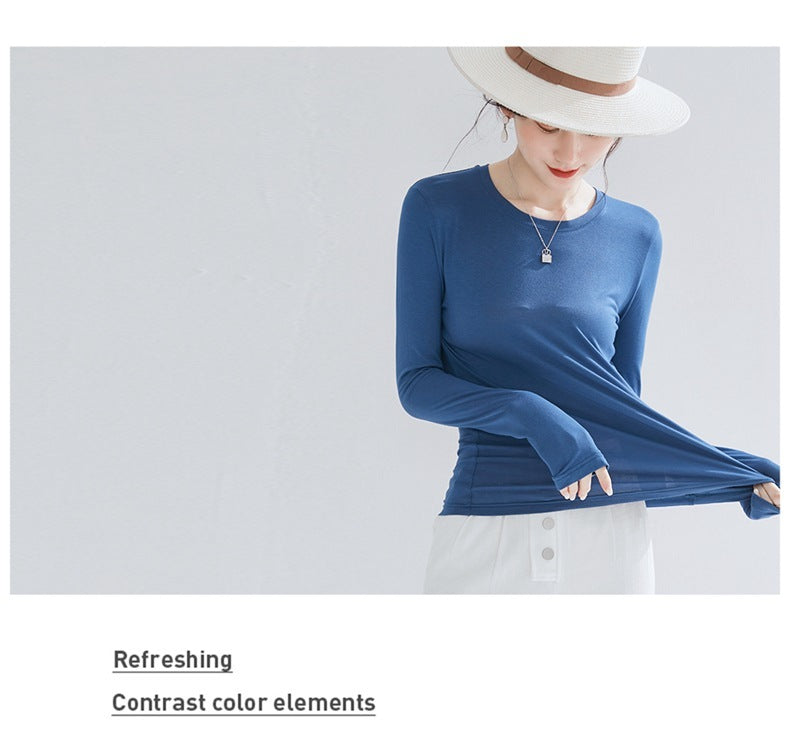 Basic Crew Neck Viscose Tops Women Slim Fitted Long Sleeve T Shirt Essential Shirts Solid Colors S to 2xl - Sophinity