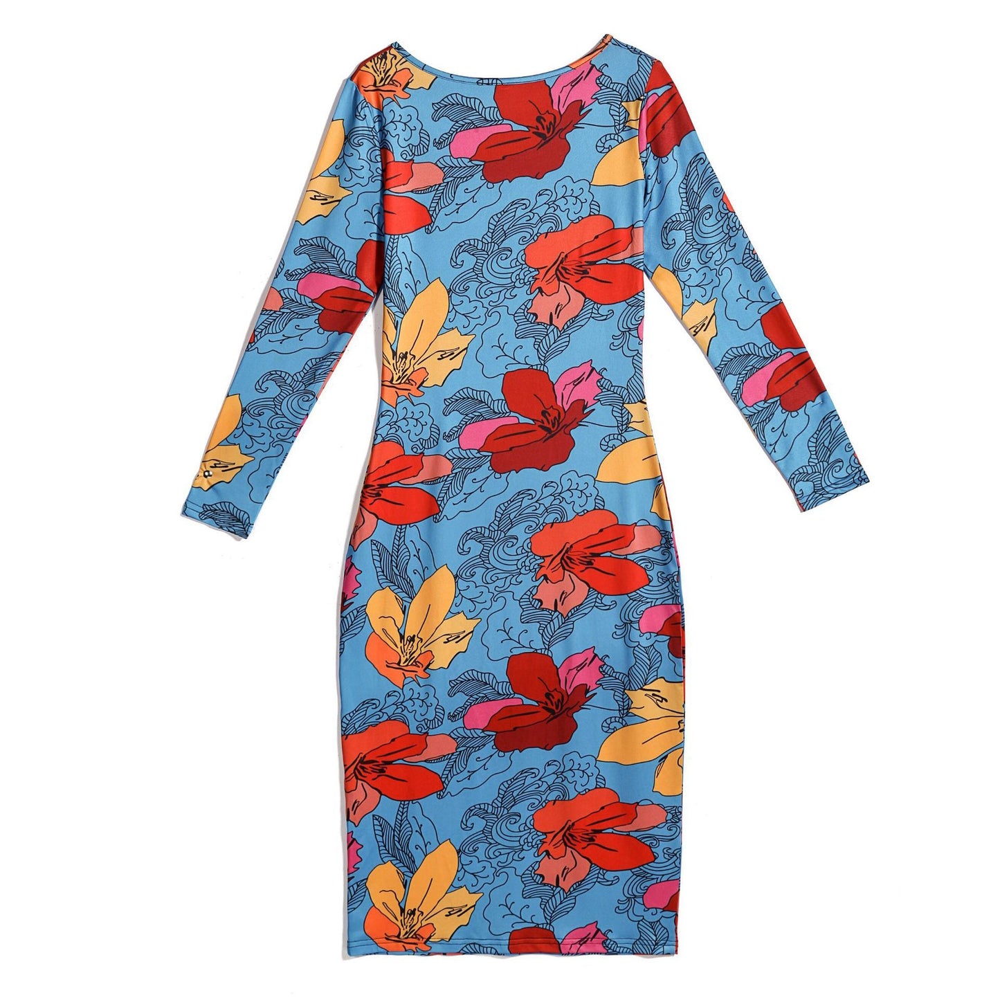 Cross - Border Hot Money Supply European And American Summer Fashion New Products Sexy Bag Hip Female Dress Full - Print Round Neck Long - Sleeved Shirt - Sophinity