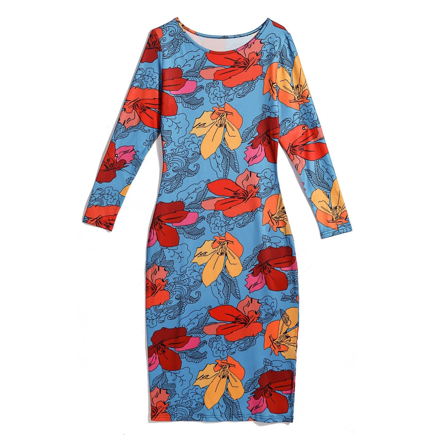 Cross - Border Hot Money Supply European And American Summer Fashion New Products Sexy Bag Hip Female Dress Full - Print Round Neck Long - Sleeved Shirt - Sophinity