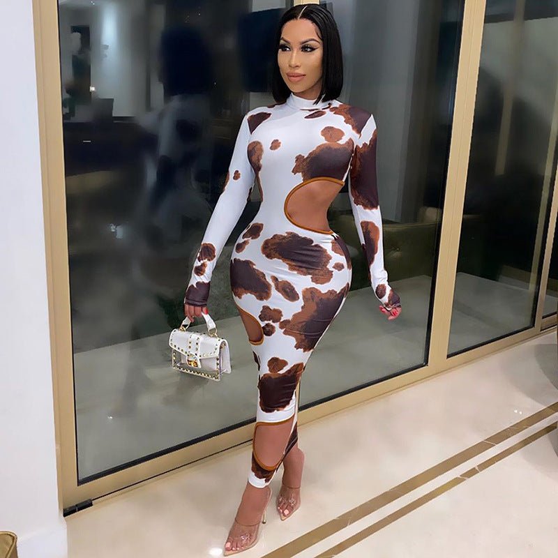 Weird Puss Hollow Out Women Irregular Hole Maxi Dresses Skinny Full Sleeve Skinny o - Neck Activewear Party Prom Club Street Style - Sophinity