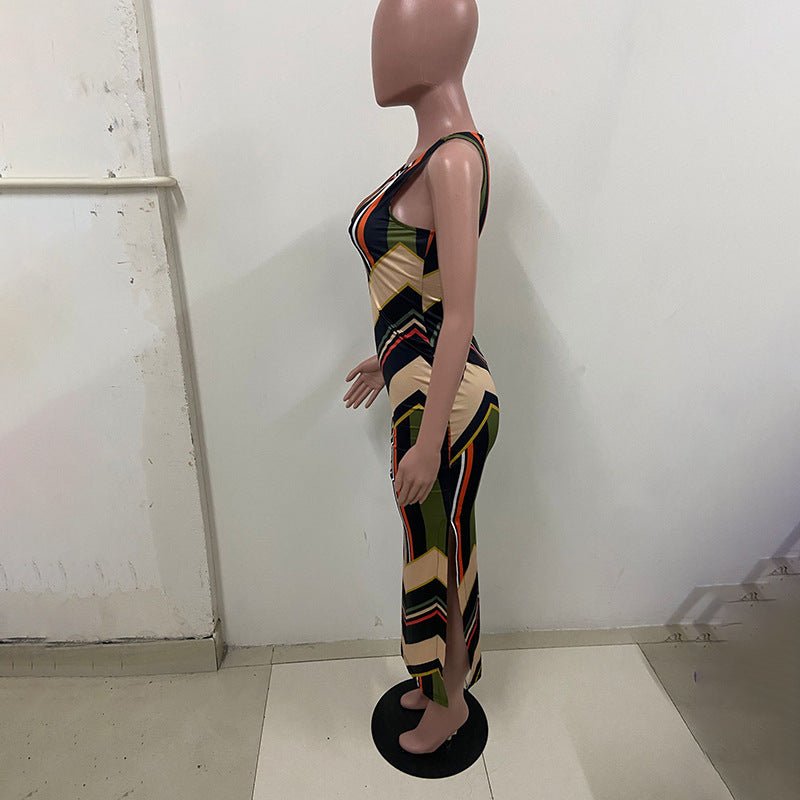Colorful Striped Print Side Slit Maxi Dress Women Colorblock Sleeveless Slim Long Dresses - Sophinity