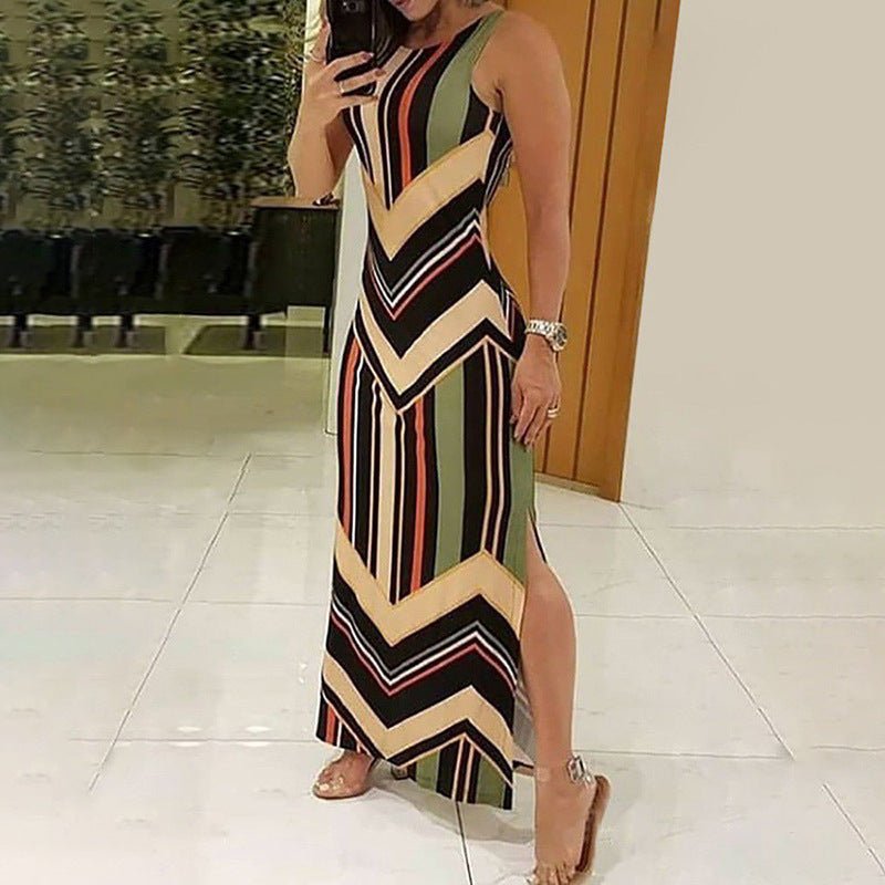 Colorful Striped Print Side Slit Maxi Dress Women Colorblock Sleeveless Slim Long Dresses - Sophinity
