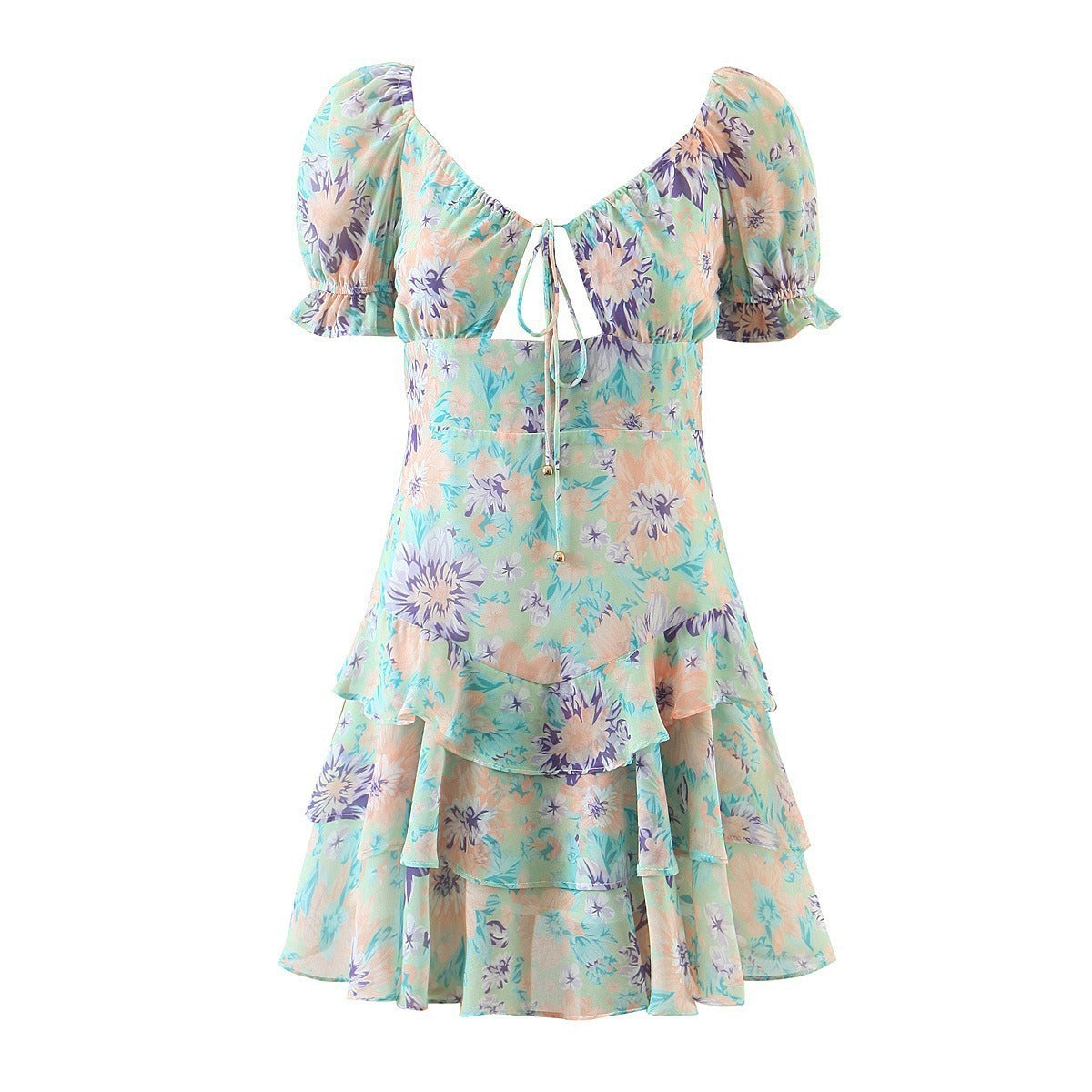 Printed Waist Slimming Lace Up Short Sleeved Dress Women's Clothing