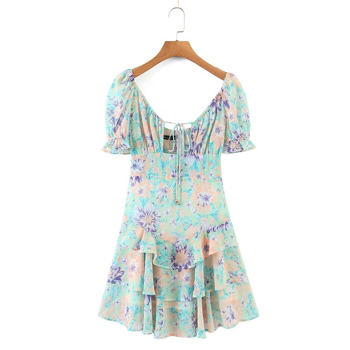 Printed Waist Slimming Lace Up Short Sleeved Dress Women's Clothing