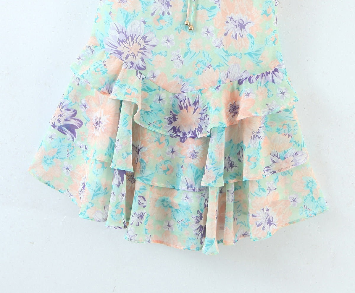 Printed Waist Slimming Lace Up Short Sleeved Dress Women's Clothing